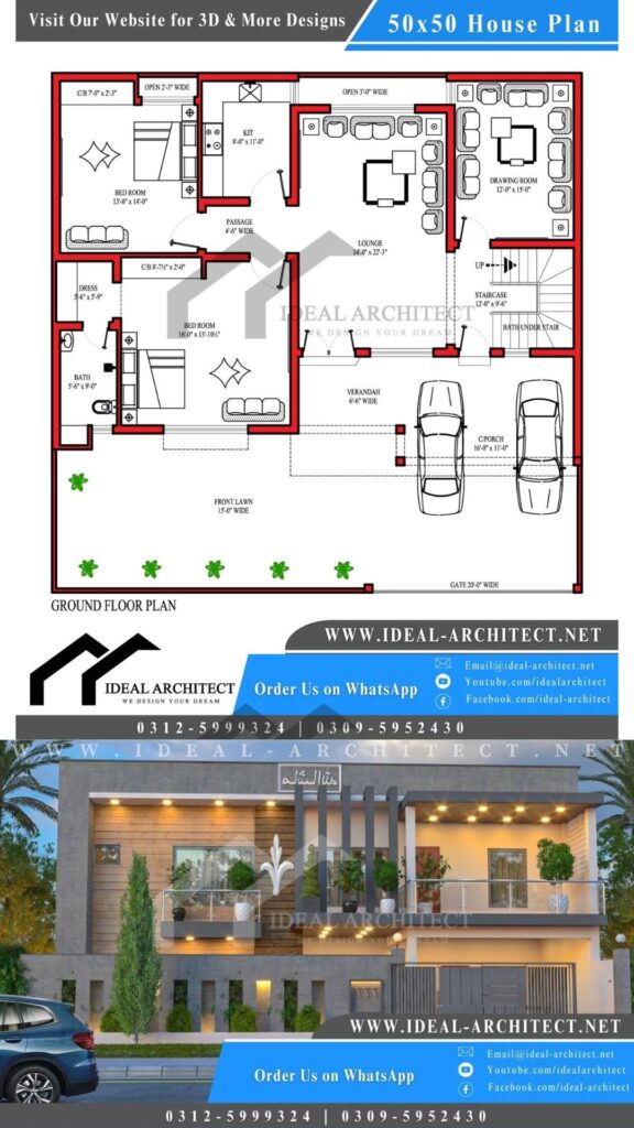 10 Marla House Design | 50x50 House Plan